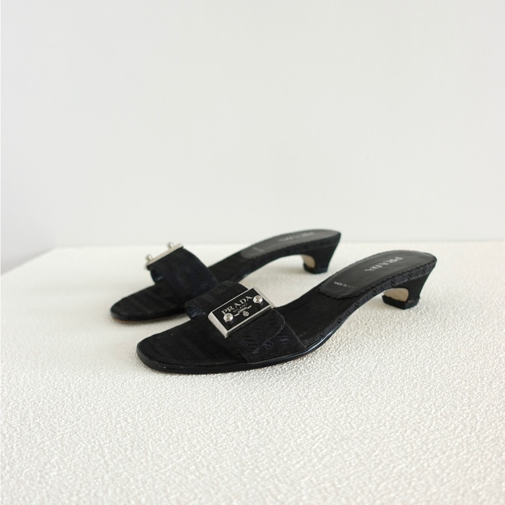 Authentic Prada Logo Fabric Kitten Heels/ Sandals/ Slippers/ Slides